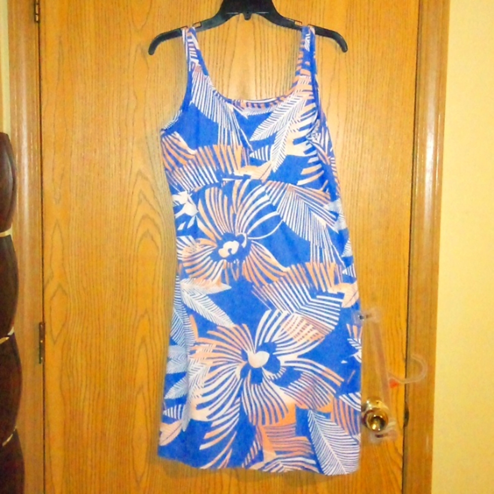 Blue/White&peach flowers design sleeveless "FISHING"👗dress @See pics PLZ Size:L
